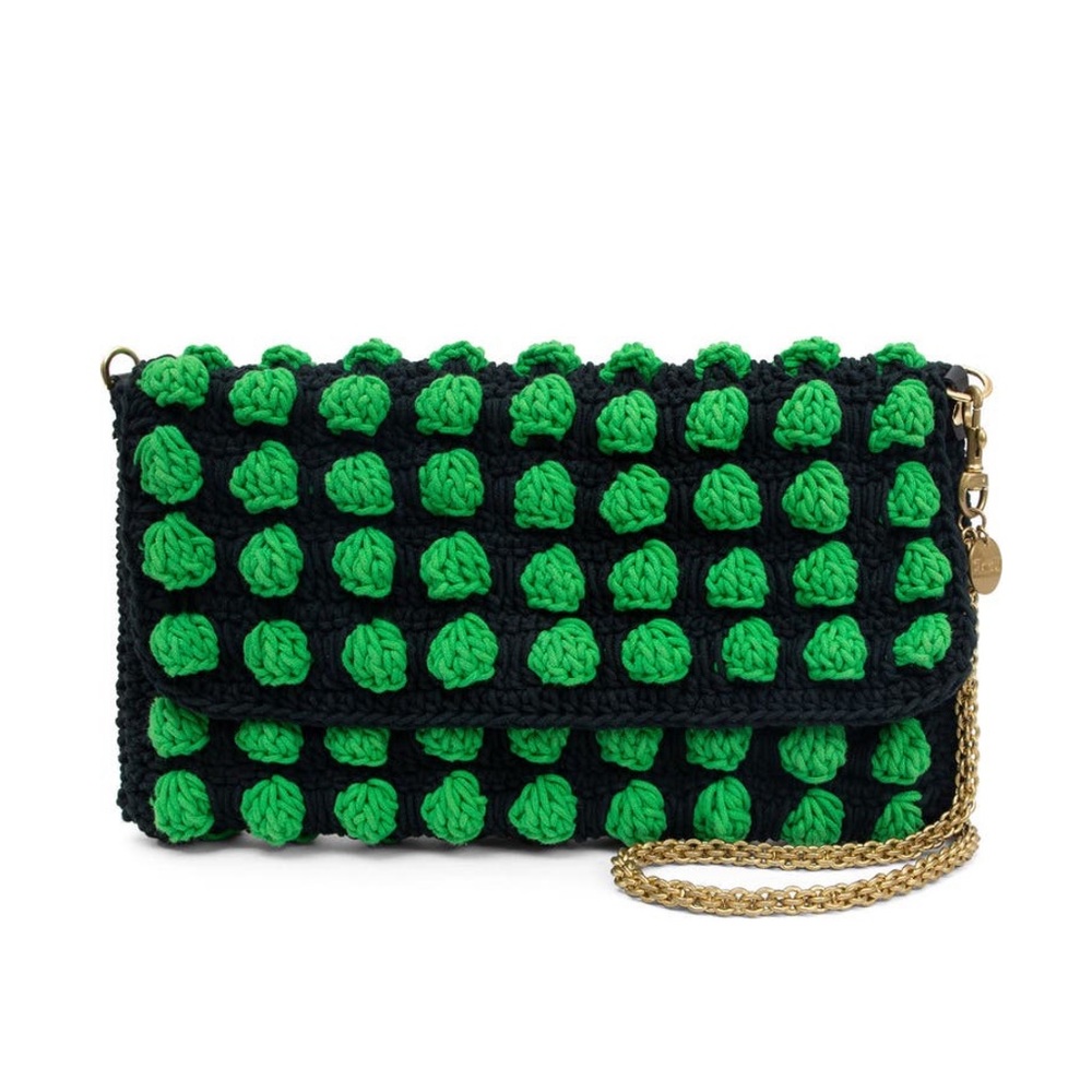 Clare V Claudette Black and Green Crochet Clutch